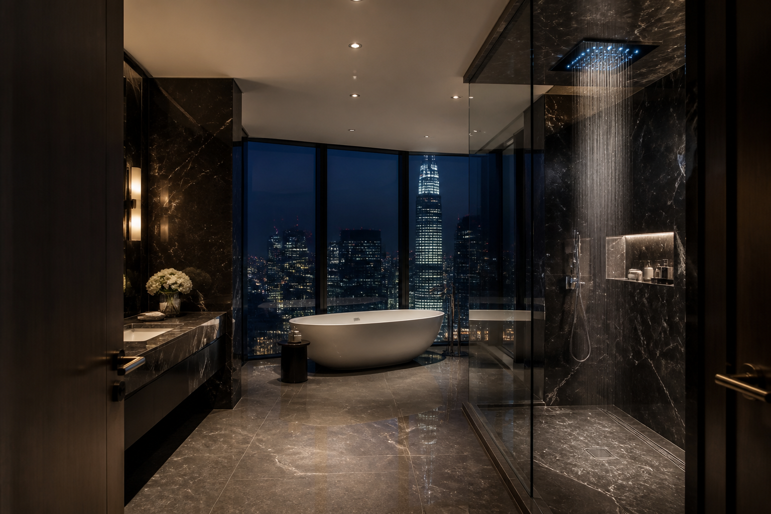 Luxury suite arrival with freestanding bath and city view