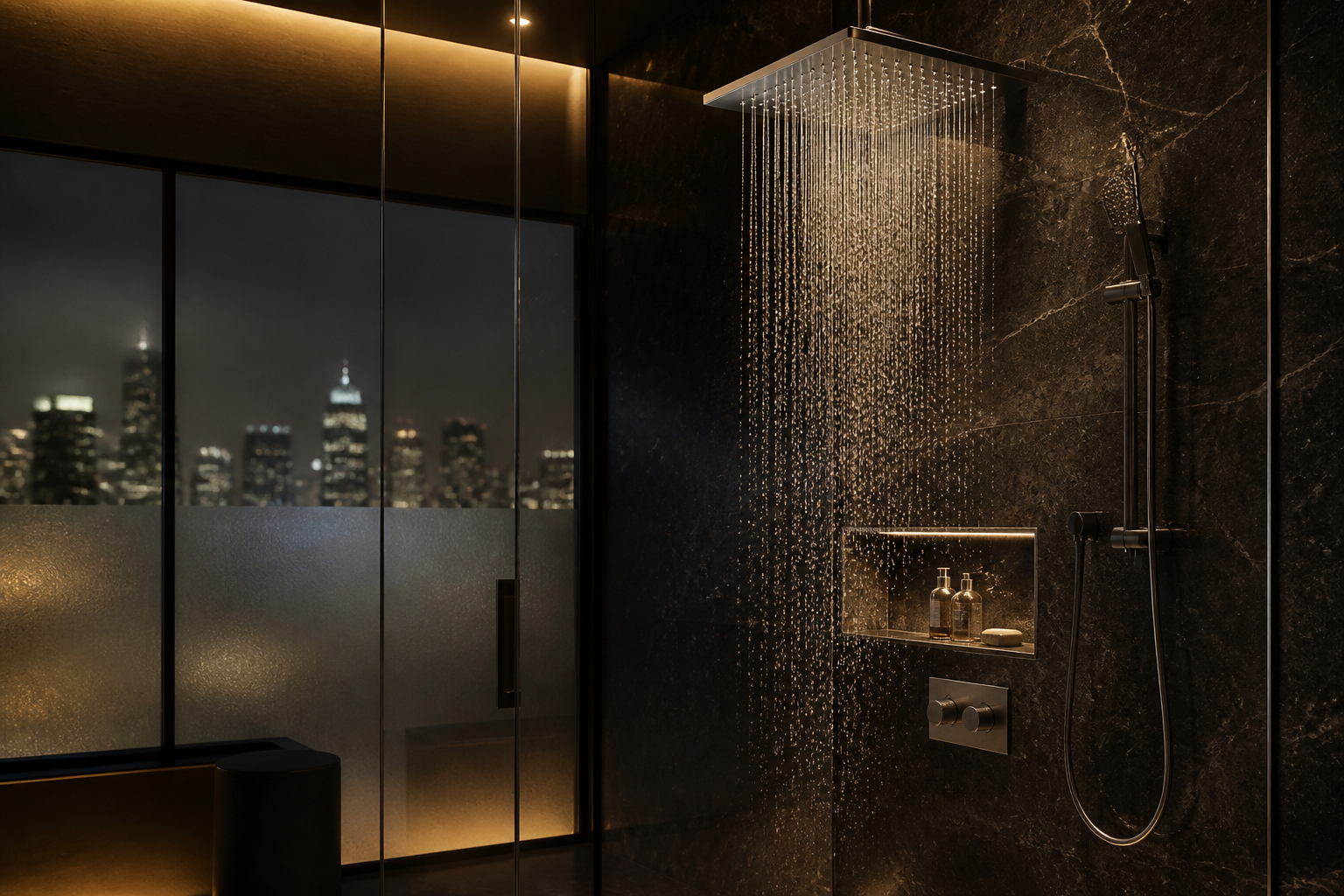 Rainfall shower in a dark marble bathroom