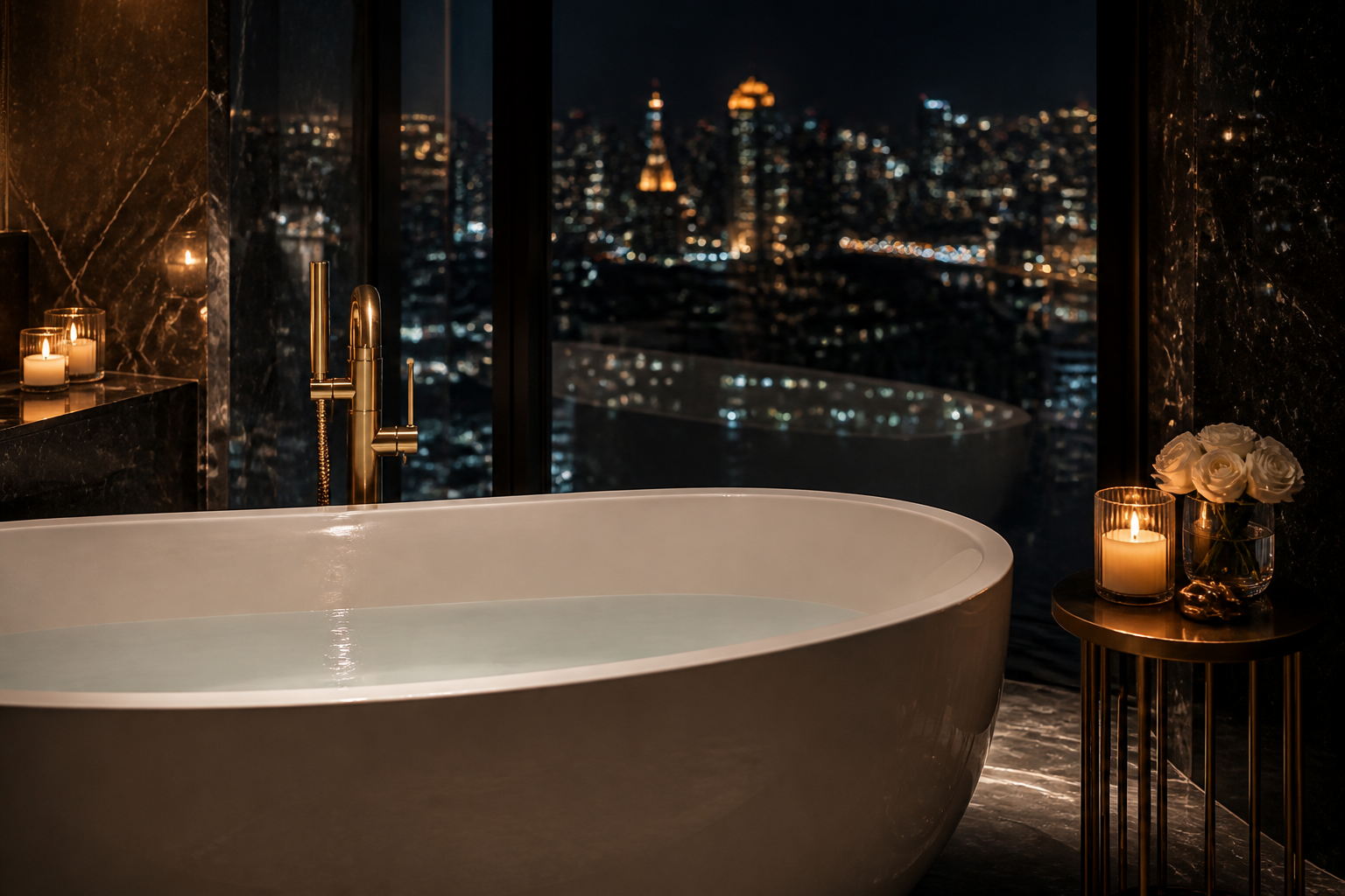 Freestanding soak with evening city glow