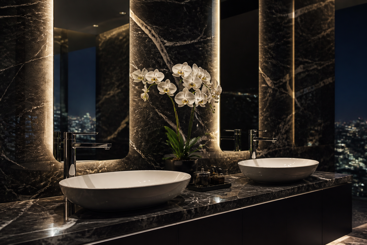 Double vanity with chrome Nexa Bath faucets